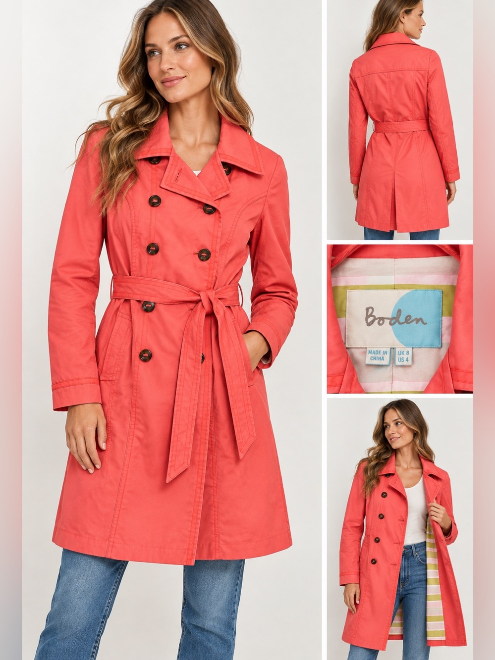 Boden Coral Pink Cotton Double Breasted Belted Trench Coat Women’s US 4